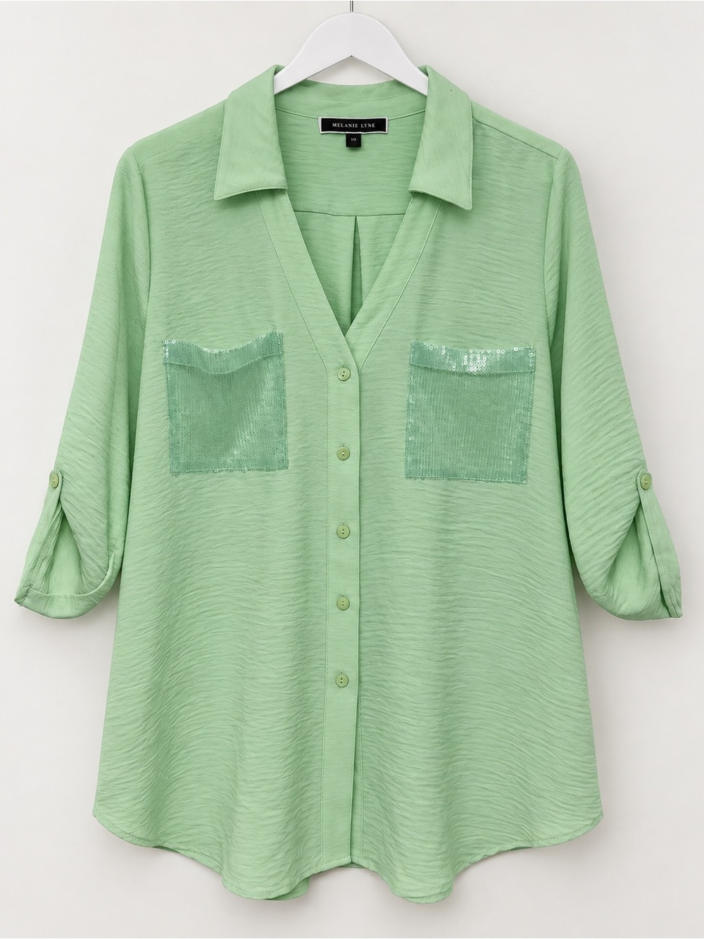 Melanie Lyne Mint Green Button-Front Sequin Pocket Shirt